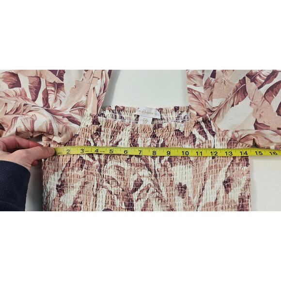 House of Harlow M Palm Leaf Linen Blend Smocked Maxi slit dress long sleeve  EUC - Picture 8 of 9